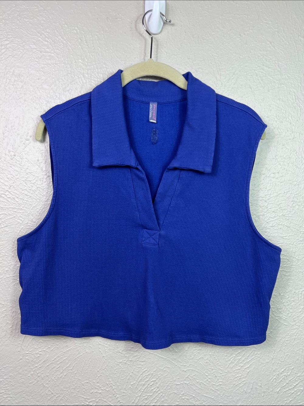 Free People Movement Blue Ribbed Sleeveless Crop Split Neck Top Small